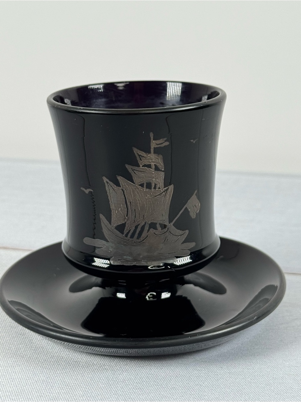 Vintage Black Amethyst Glass Pedestal Cup, Silver Overlay Sailboat